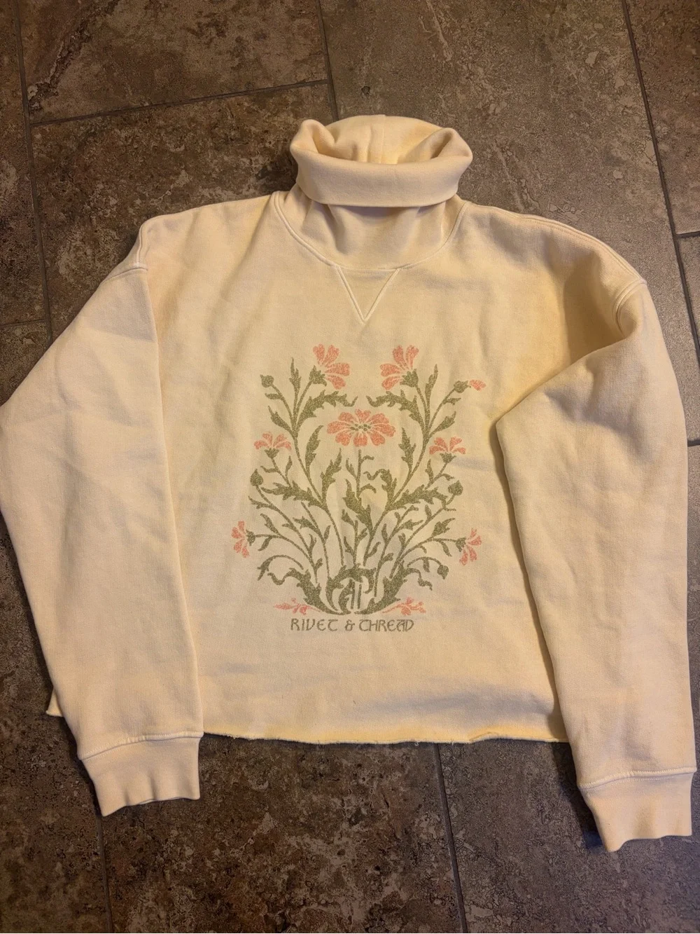 Madewell Cream Turtleneck Sweatshirt with Pink & Green Floral Print